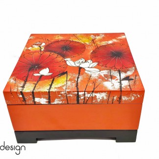 Square lacquer box with lotus hand painting